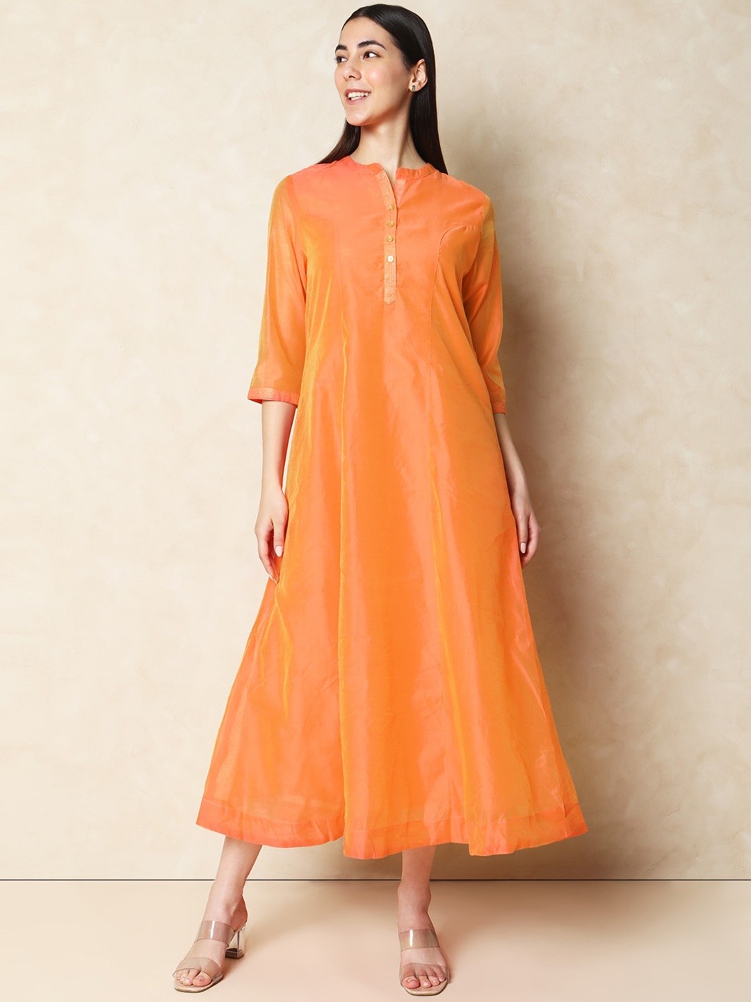 

Indifusion Mandarin Collar A-Line Maxi Dress, Orange