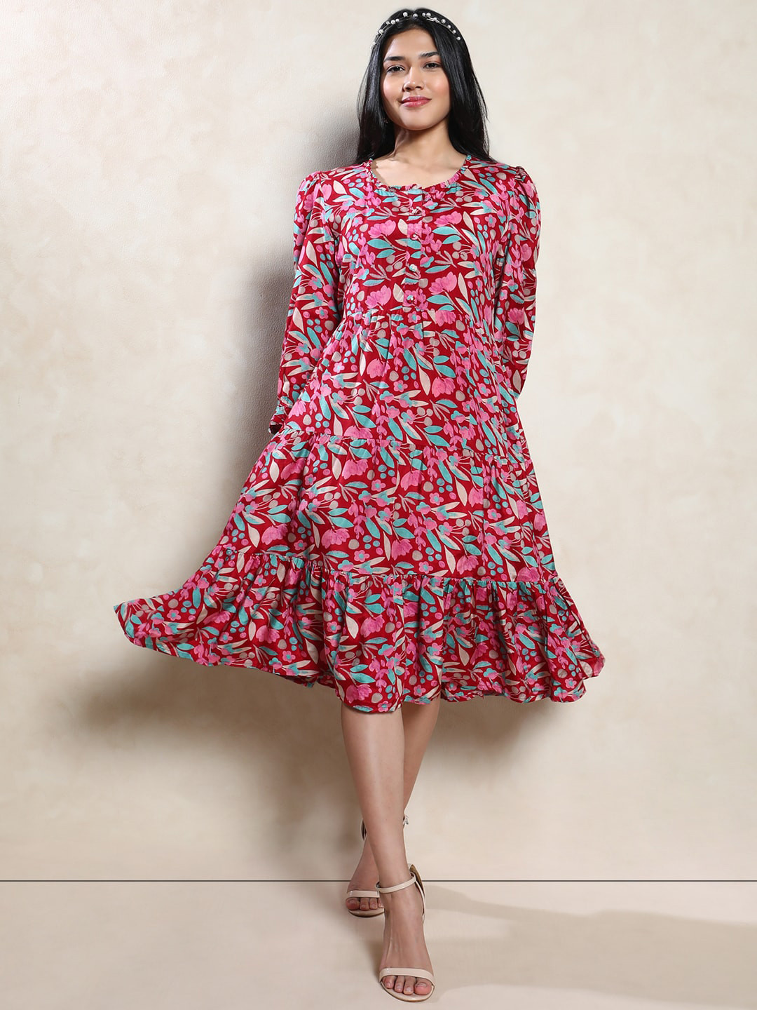 

Indifusion Floral Printed Fit & Flared Dress, Red