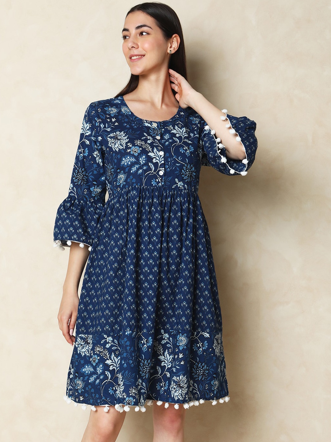 

Indifusion Floral Printed Bell Sleeves A-Line Cotton Ethnic Dress, Blue