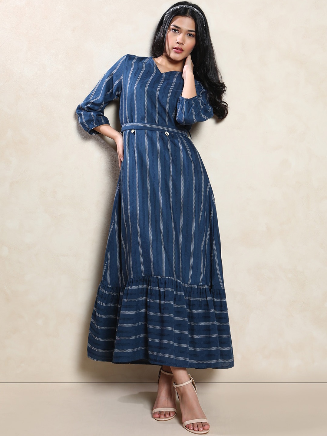 

Indifusion Striped V-Neck A-Line Maxi Dress With Belt, Blue