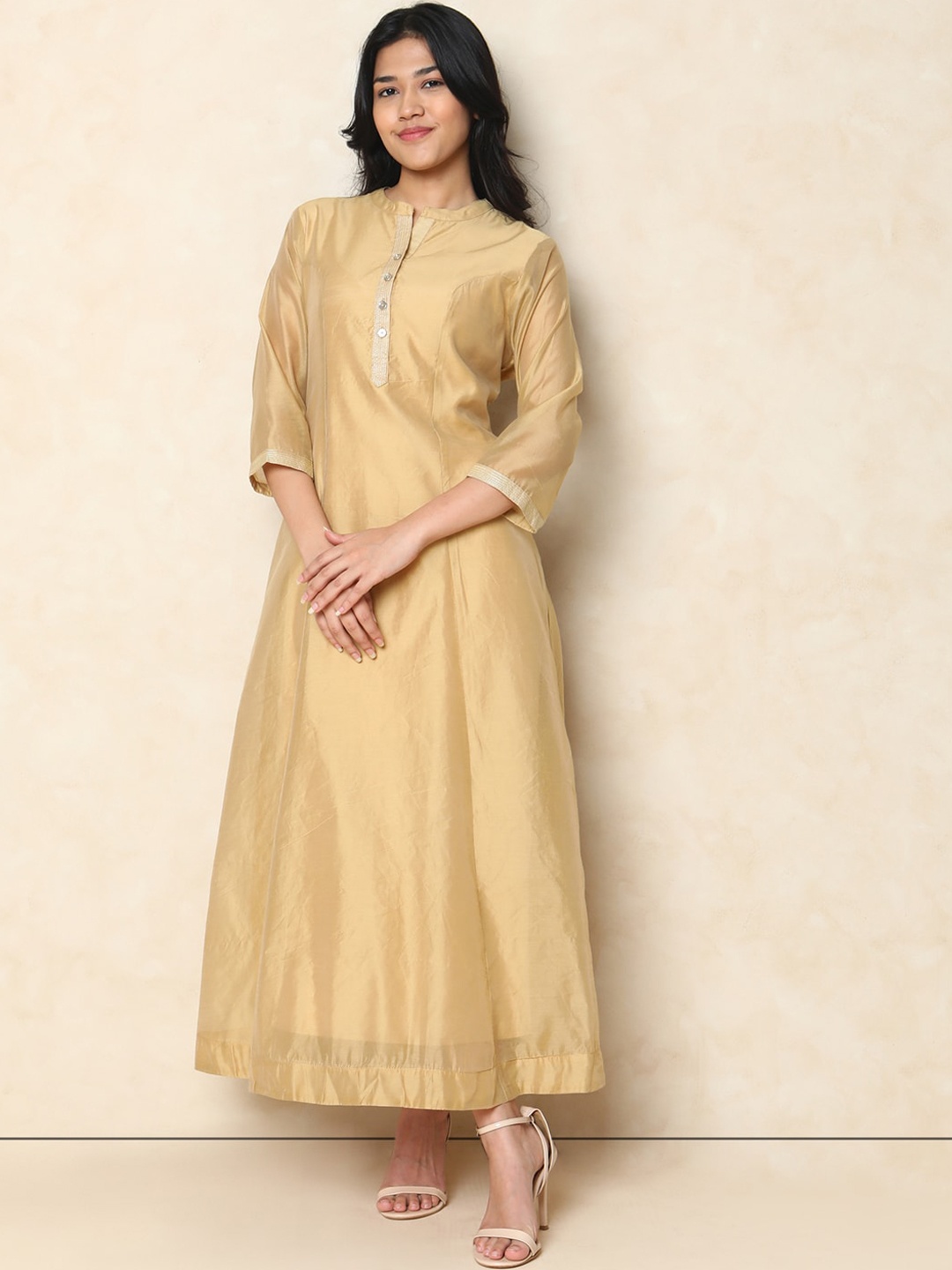 

Indifusion Mandarin Collar Silk Ethnic Dress, Beige