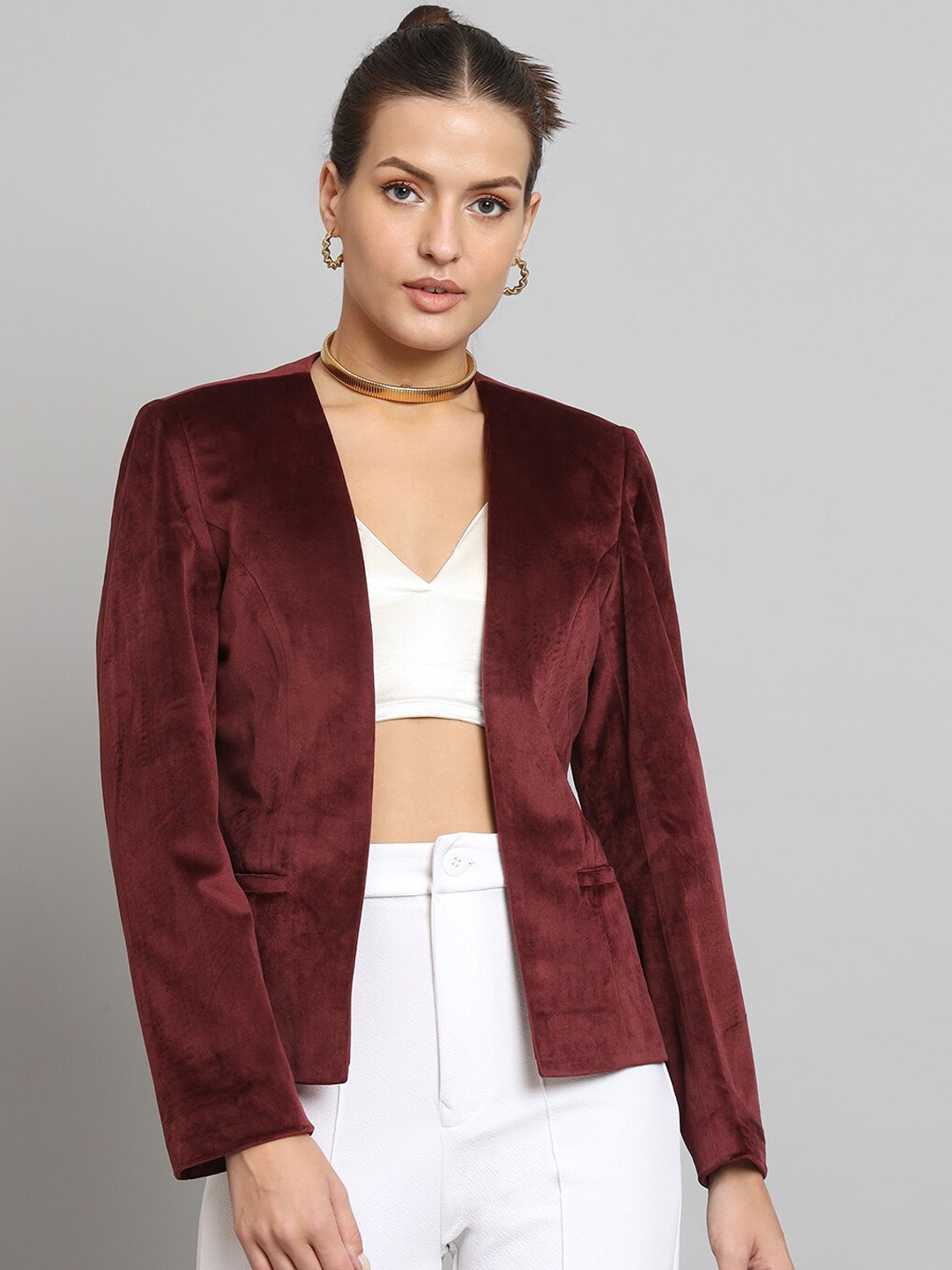 

PowerSutra Collarless Open Front Jacket, Maroon
