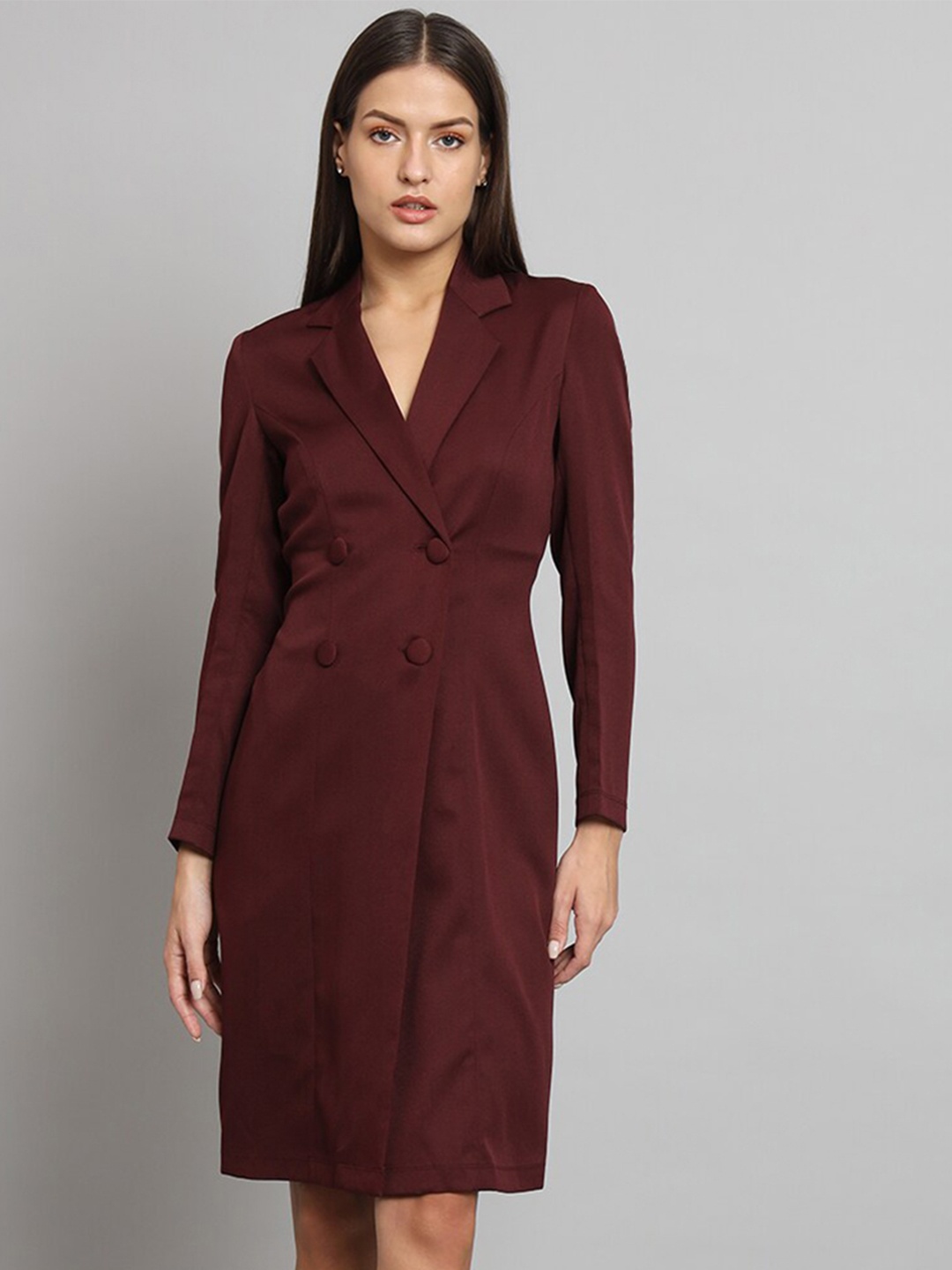 

PowerSutra Notched Lapel Collar Double-Breasted Blazer Dress, Maroon