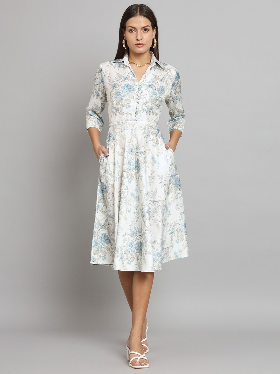

PowerSutra Floral Printed Shirt Collar Midi Fit & Flare Dress, White