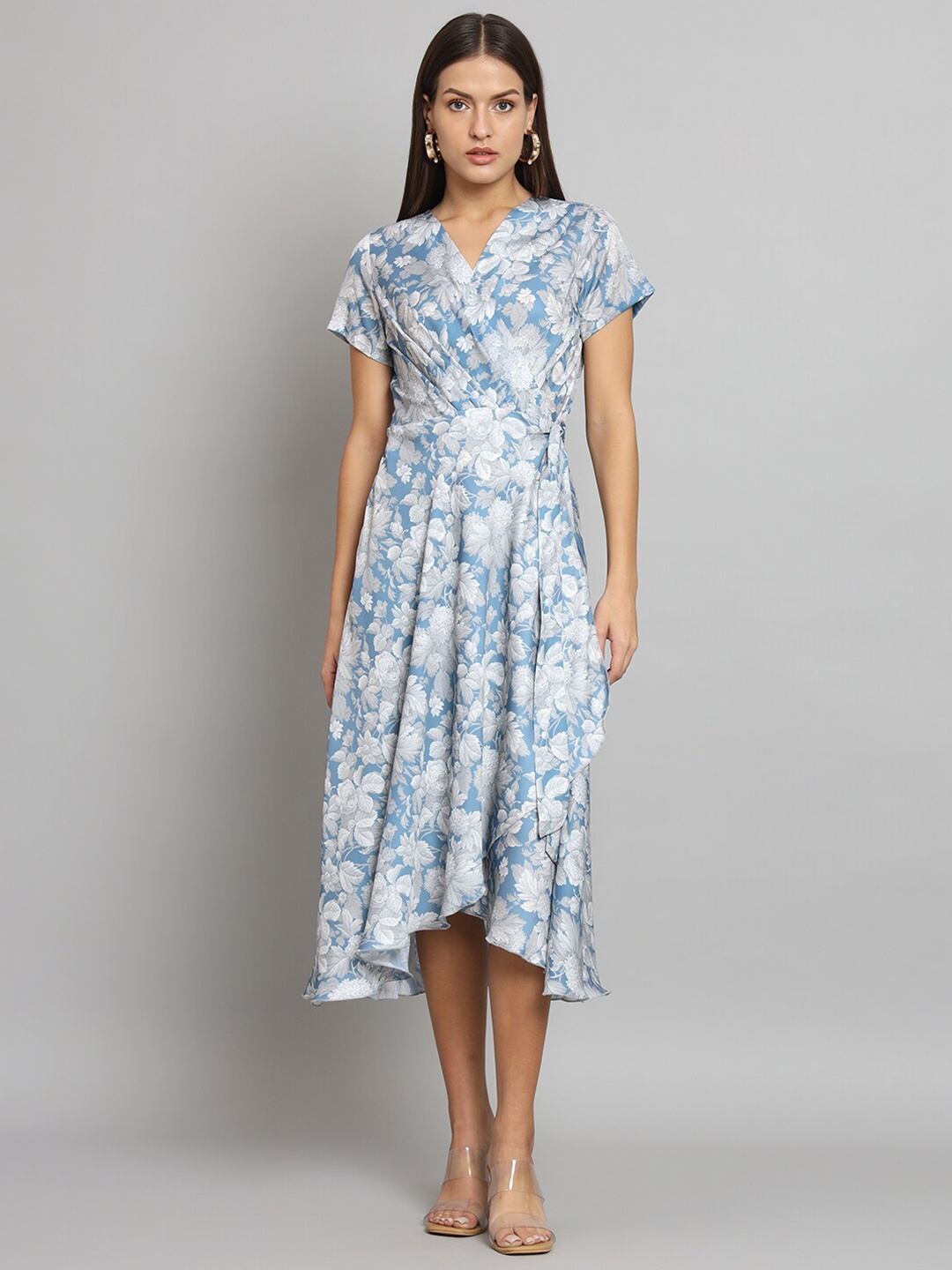

PowerSutra Floral Printed Fit & Flare Wrap Midi Dress, Blue