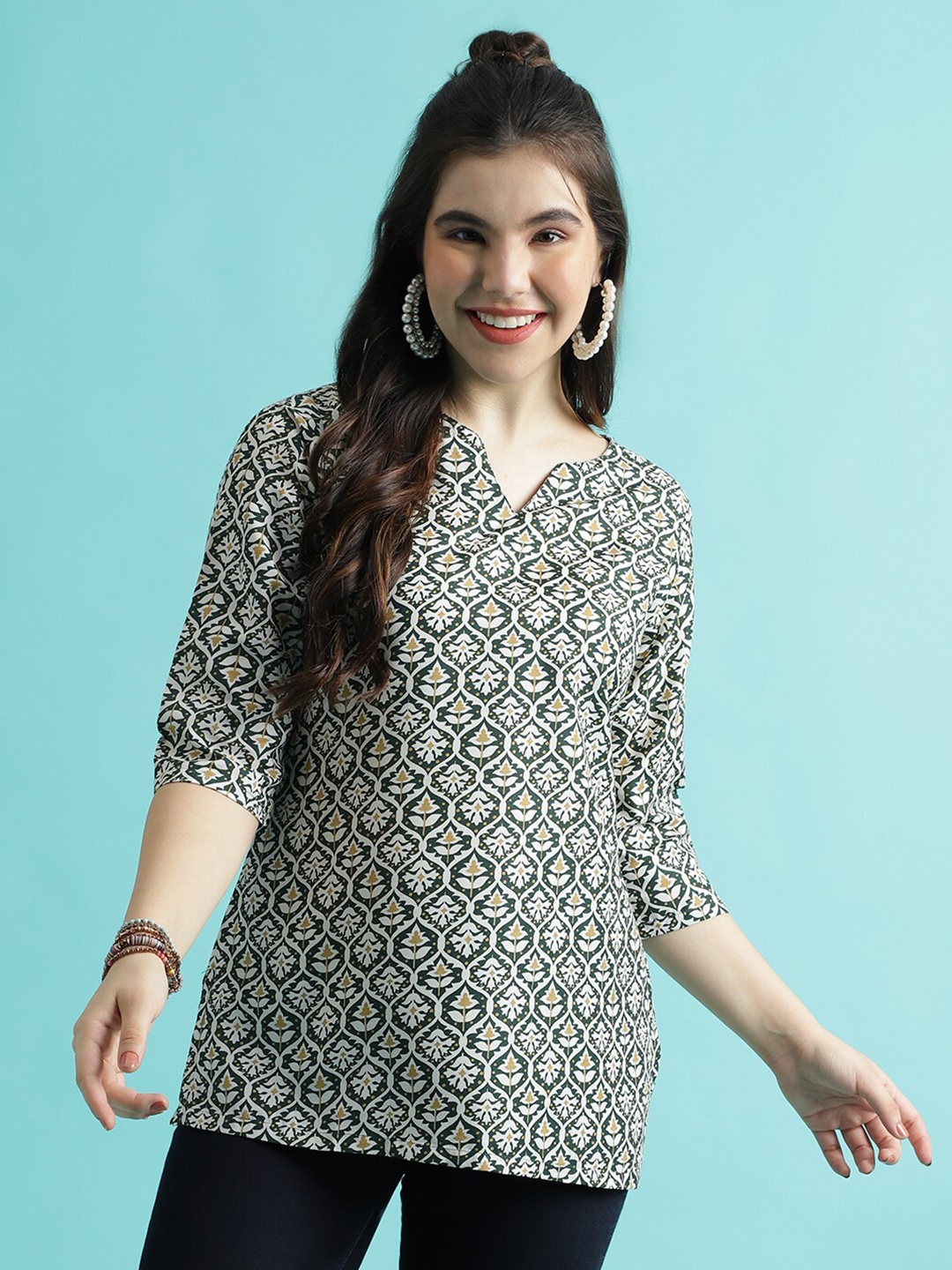 

Colors of Earth Ethnic Motifs Printed Tunic, Green