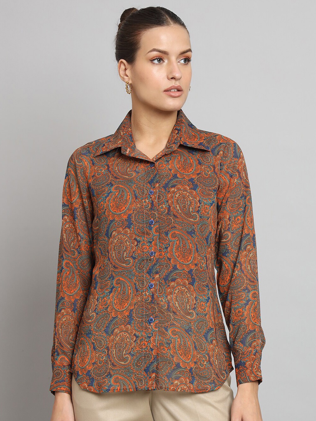 

PowerSutra Classic Paisley Printed Wrinkle Free Georgette Casual Shirt, Orange