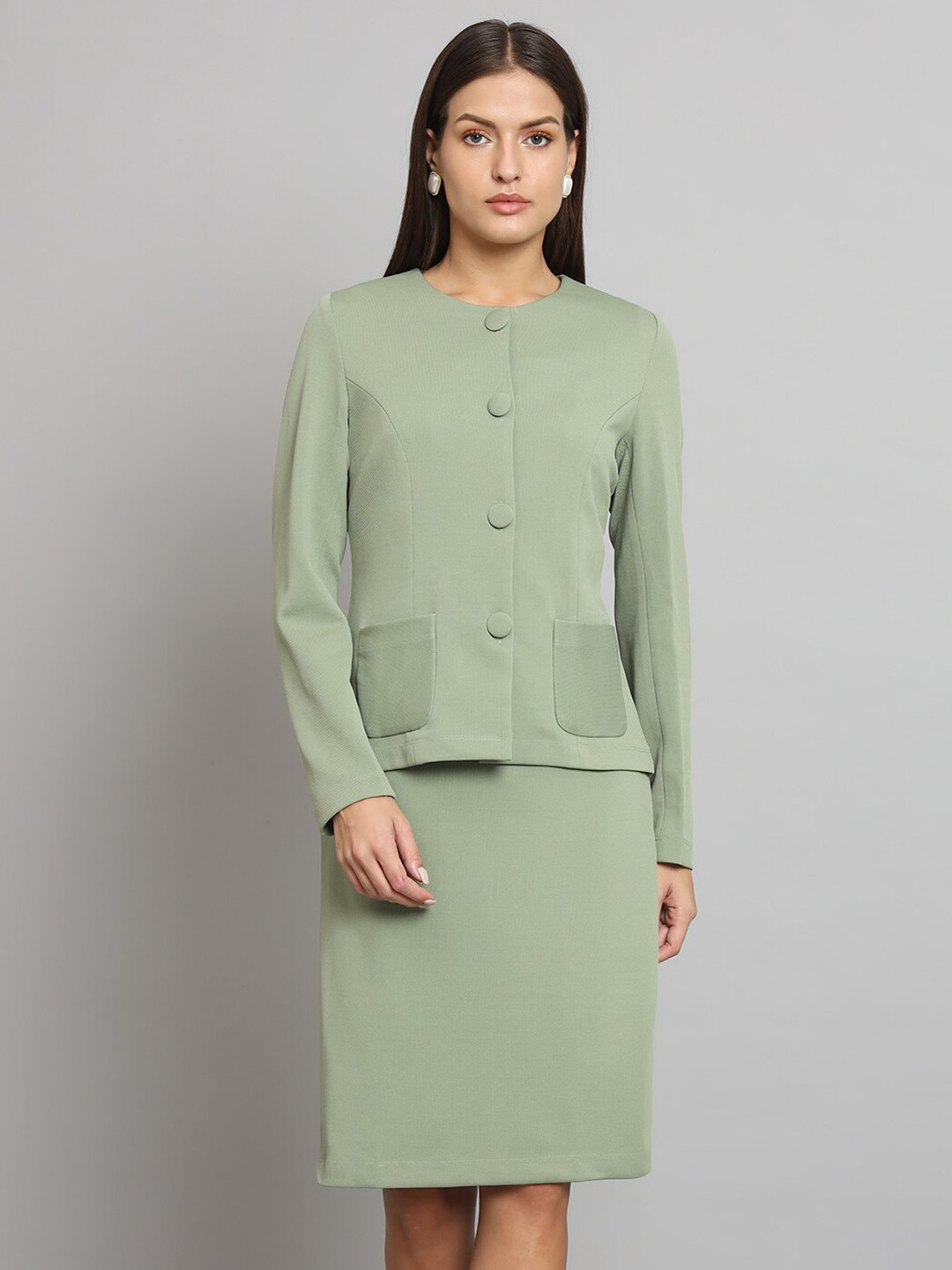

PowerSutra Layered Formal Sheath Knee Length Dress With Blazer, Green