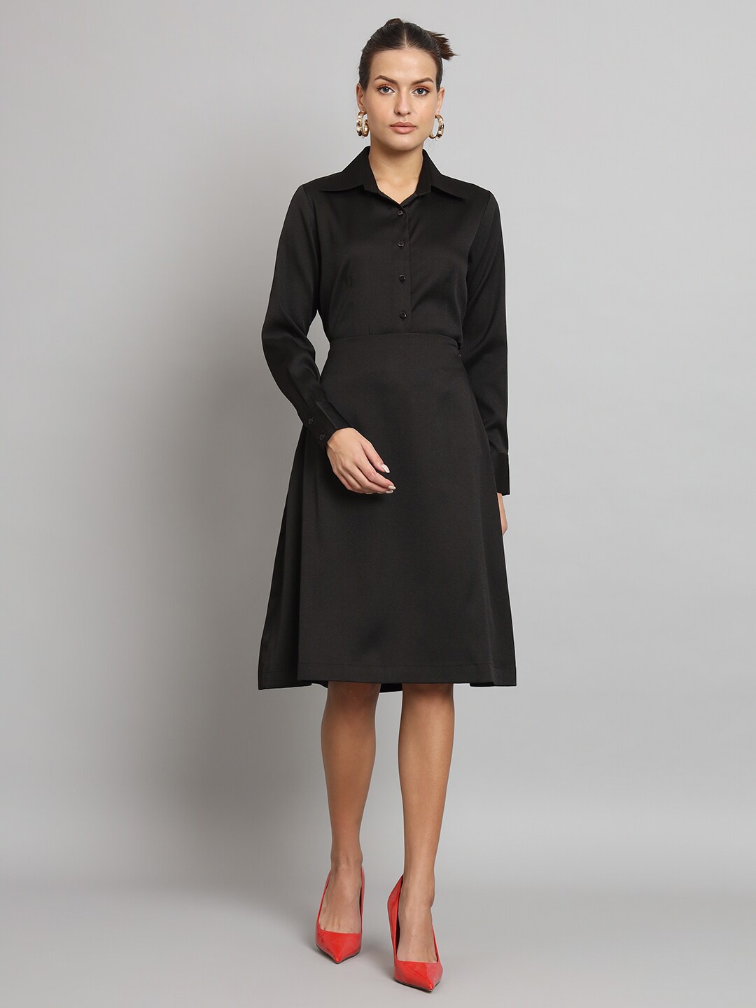 

PowerSutra Shir Collar Shirt With A-Line Skirt, Black