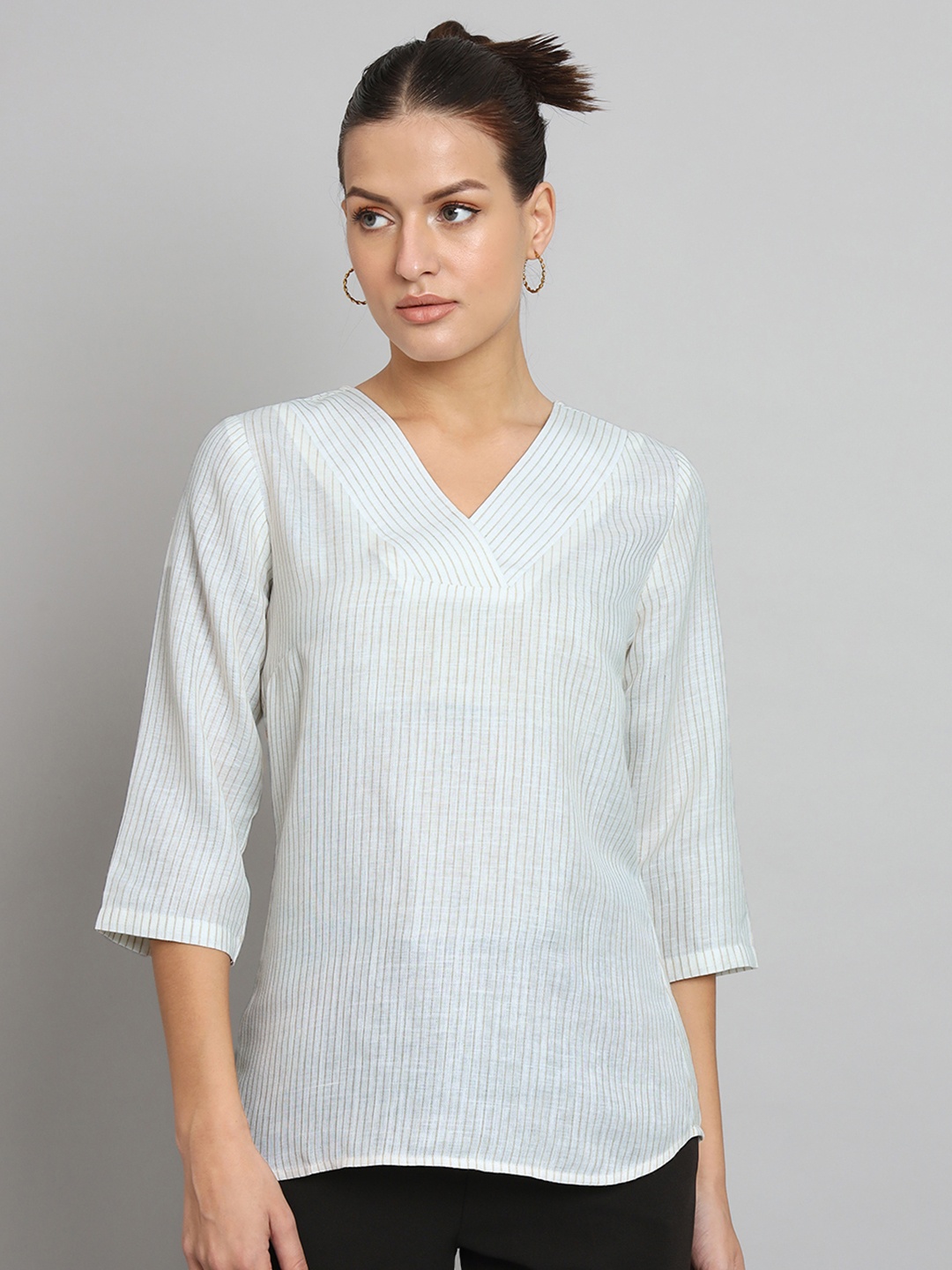 

PowerSutra Vertical Stripes V-Neck Top, Beige