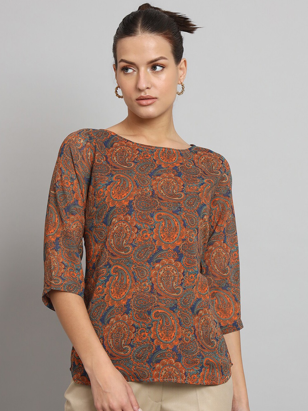 

PowerSutra Floral Printed Boat Neck Top, Orange
