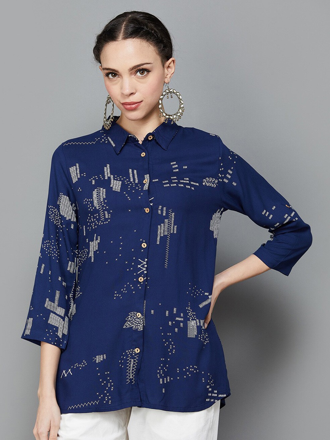

Melange by Lifestyle Abstract Printed Spread Collar Casual Shirt, Navy blue