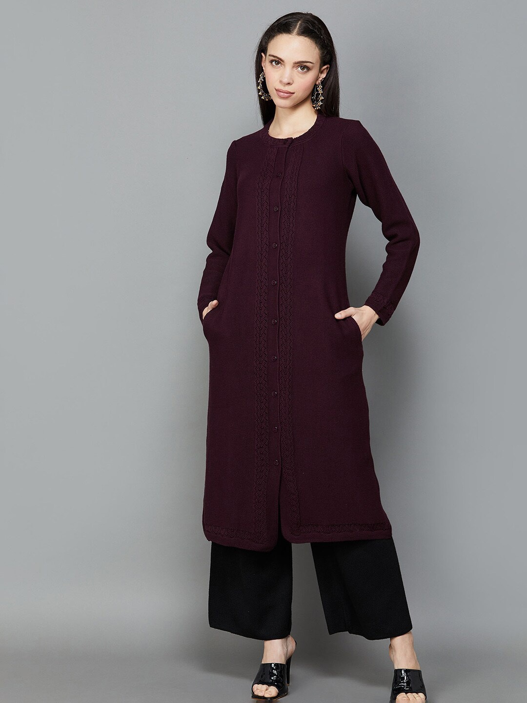 

Melange by Lifestyle Striped Woven Design Acrylic A-Line Kurta, Purple