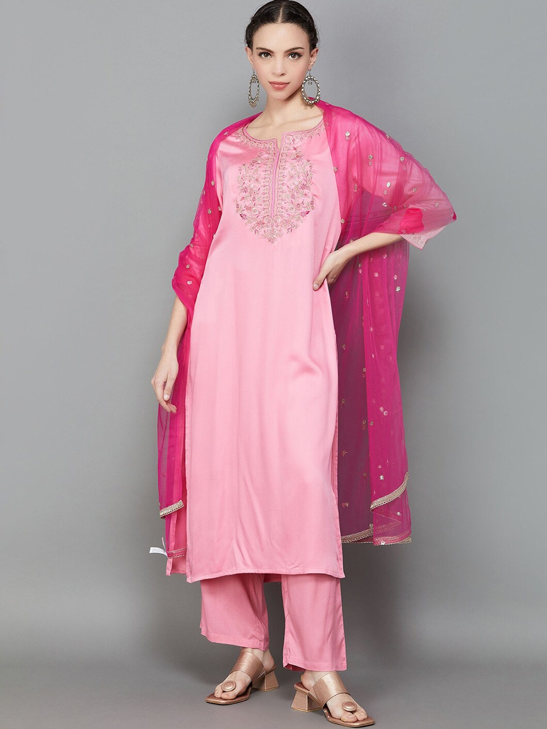

Melange by Lifestyle Floral Yoke Design Thread Work Kurta With Palazzos & Dupatta, Pink