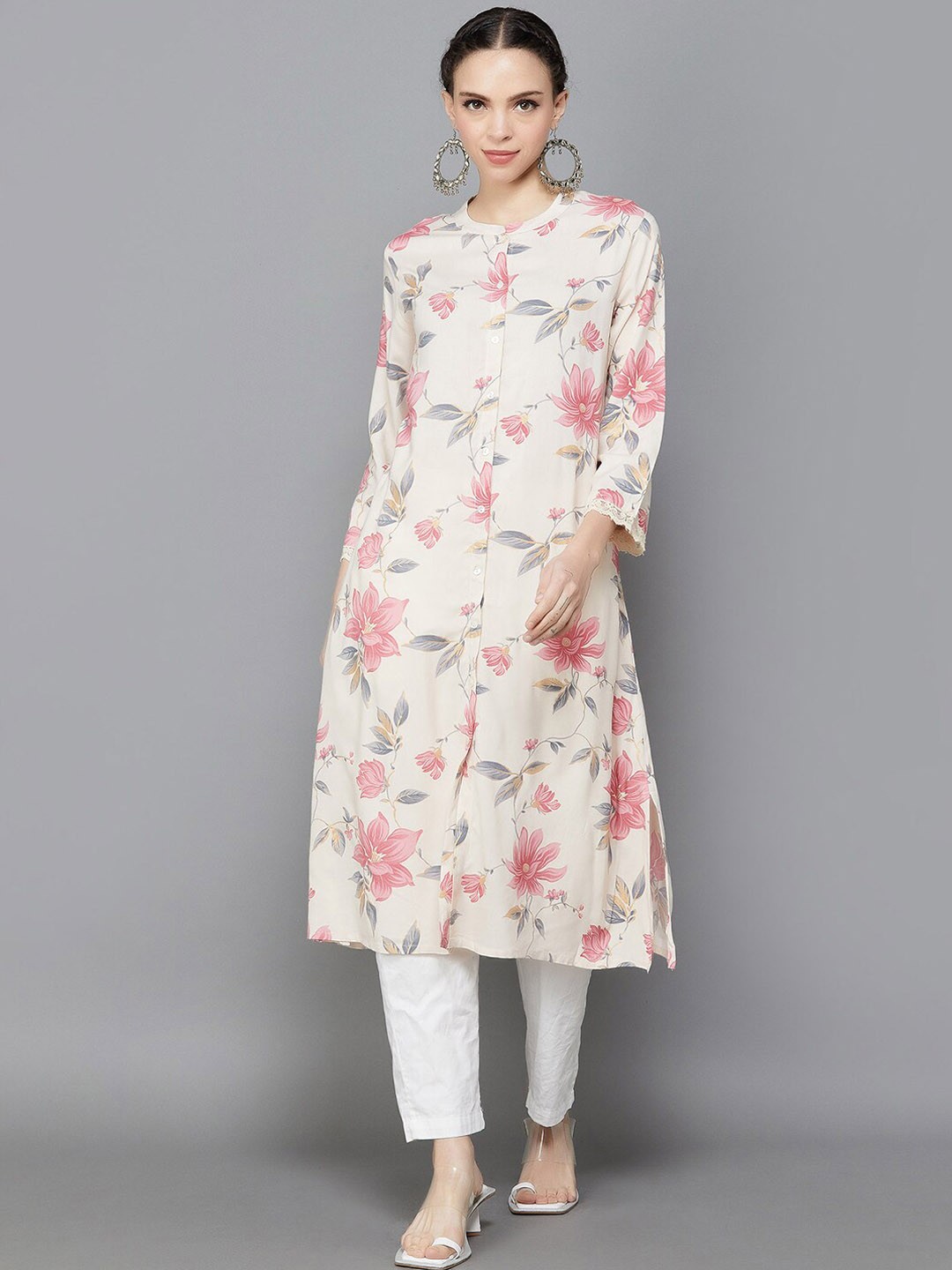 

Melange by Lifestyle Floral Printed Band Collar Straight Kurta, Beige
