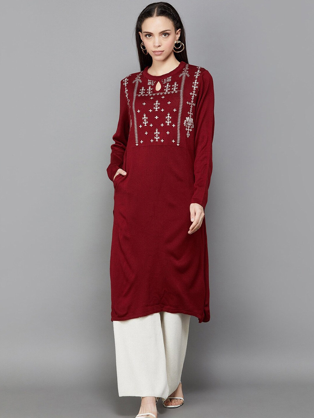 

Melange by Lifestyle Ethnic Motifs Printed Keyhole Neck Acrylic Kurta, Red