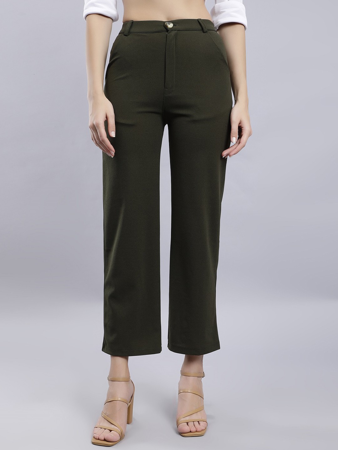 

ANVI Be Yourself Women Relaxed Straight Leg Straight Fit High-Rise Reversible Trousers, Olive