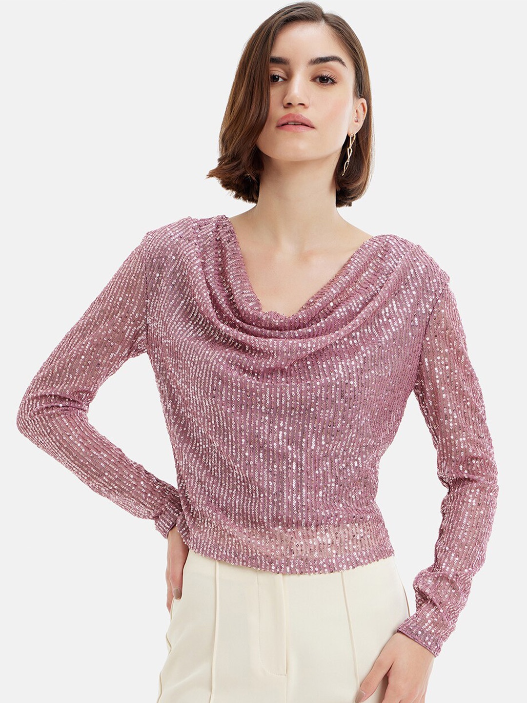 

Kazo Mauve Cowl Neck Net Top