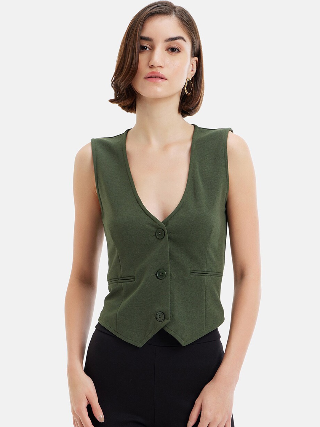 

Kazo Women Stretchable V-Neck Casual Waistcoat, Olive