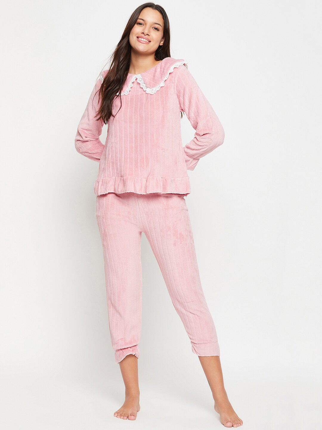 

Camey Striped Peter Pan Neck Top With Lounge Pants, Pink