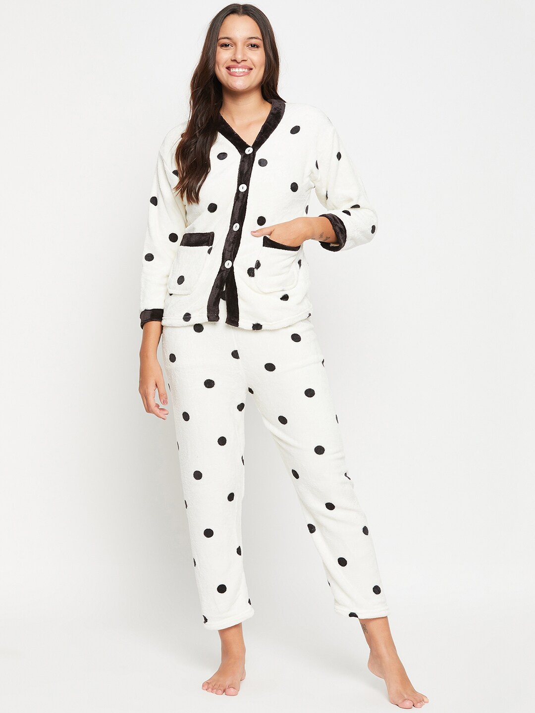 

Camey Polka Dot Printed V-Neck Sweater With Lounge Pant, White