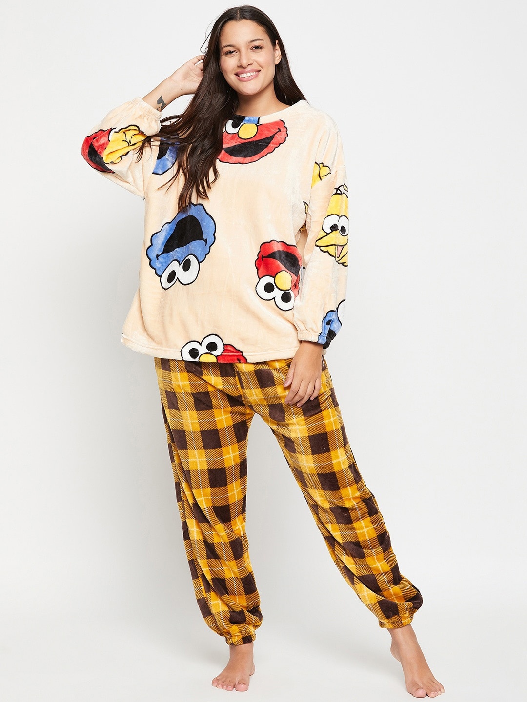

Camey Conversational Printed Long Sleeves Cotton T-Shirt & Jogger, Mustard