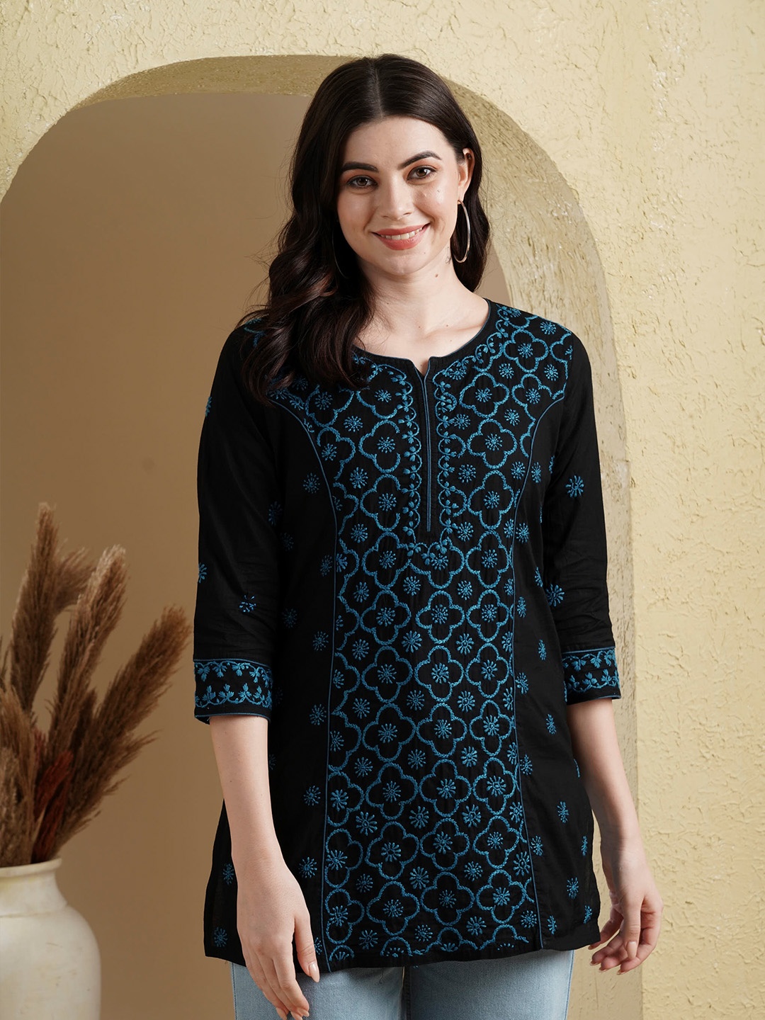 

ADA Black Floral Lucknowi Chikankari Round Neck Straight Pure Cotton Kurti