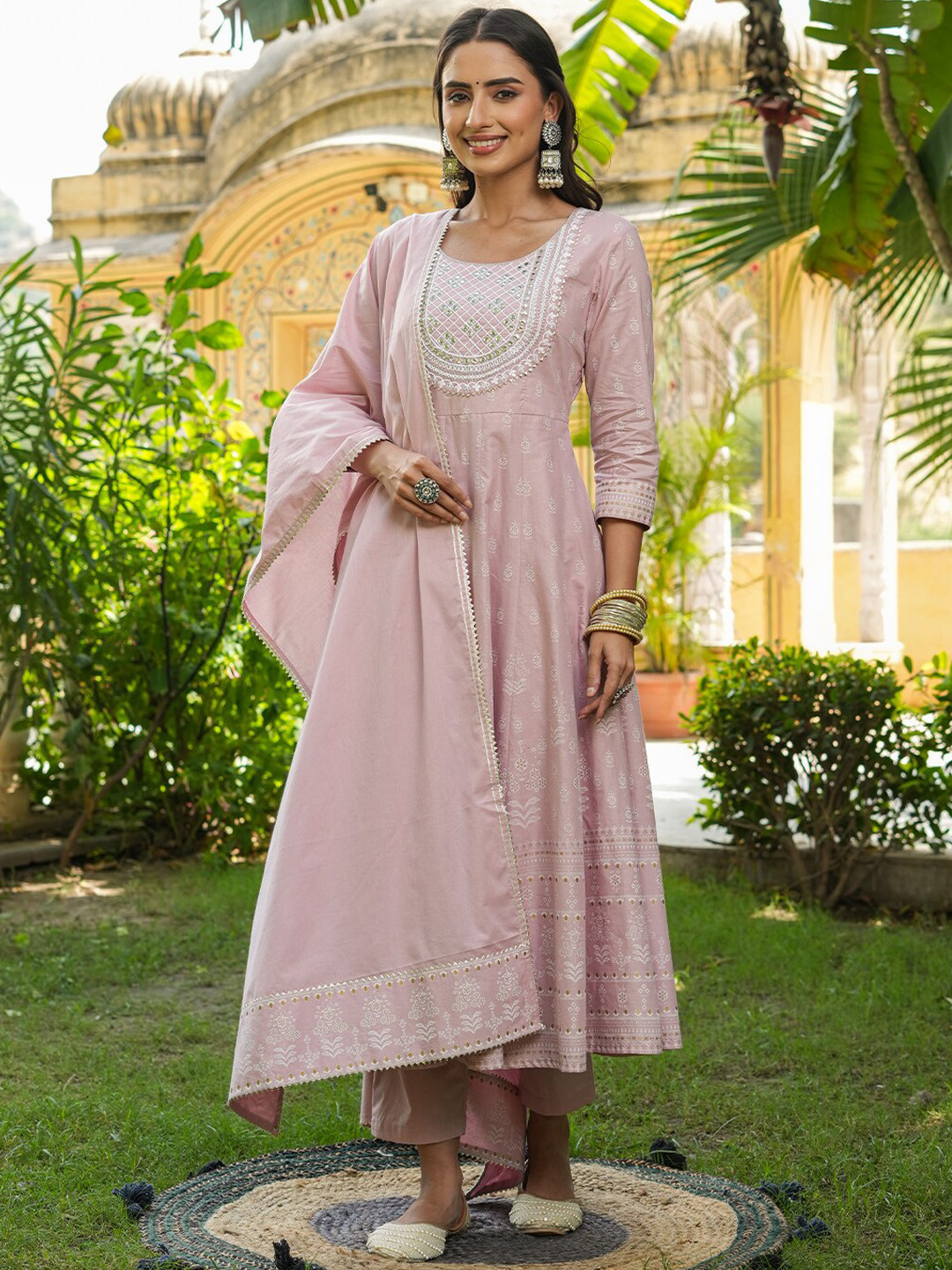 

EverBloom Ethnic Motifs Printed Mirror Work Pure Cotton Kurta with Trousers & With Dupatta, Rose gold