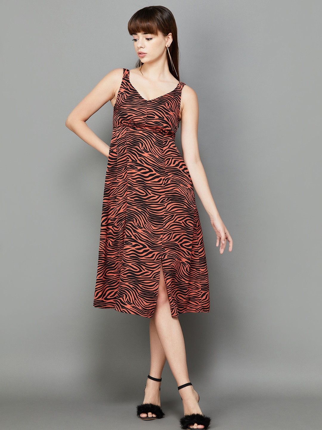 

Ginger by Lifestyle Animal Printed Sleeveless Side Slit Fit & Flare Midi Dress, Orange