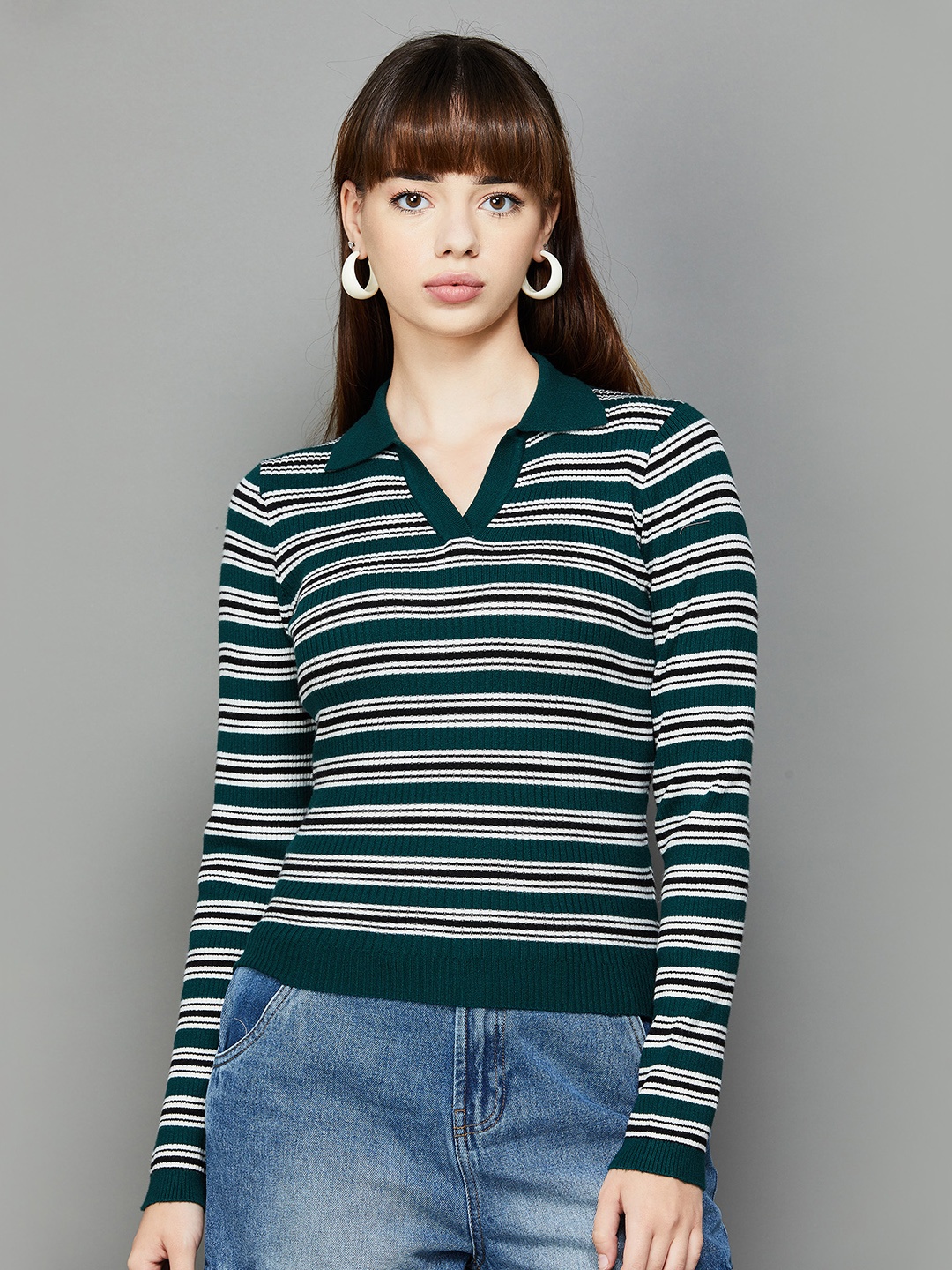 

Ginger by Lifestyle Striped Shirt Collar Long Sleeves Acrylic Fitted Top, Green