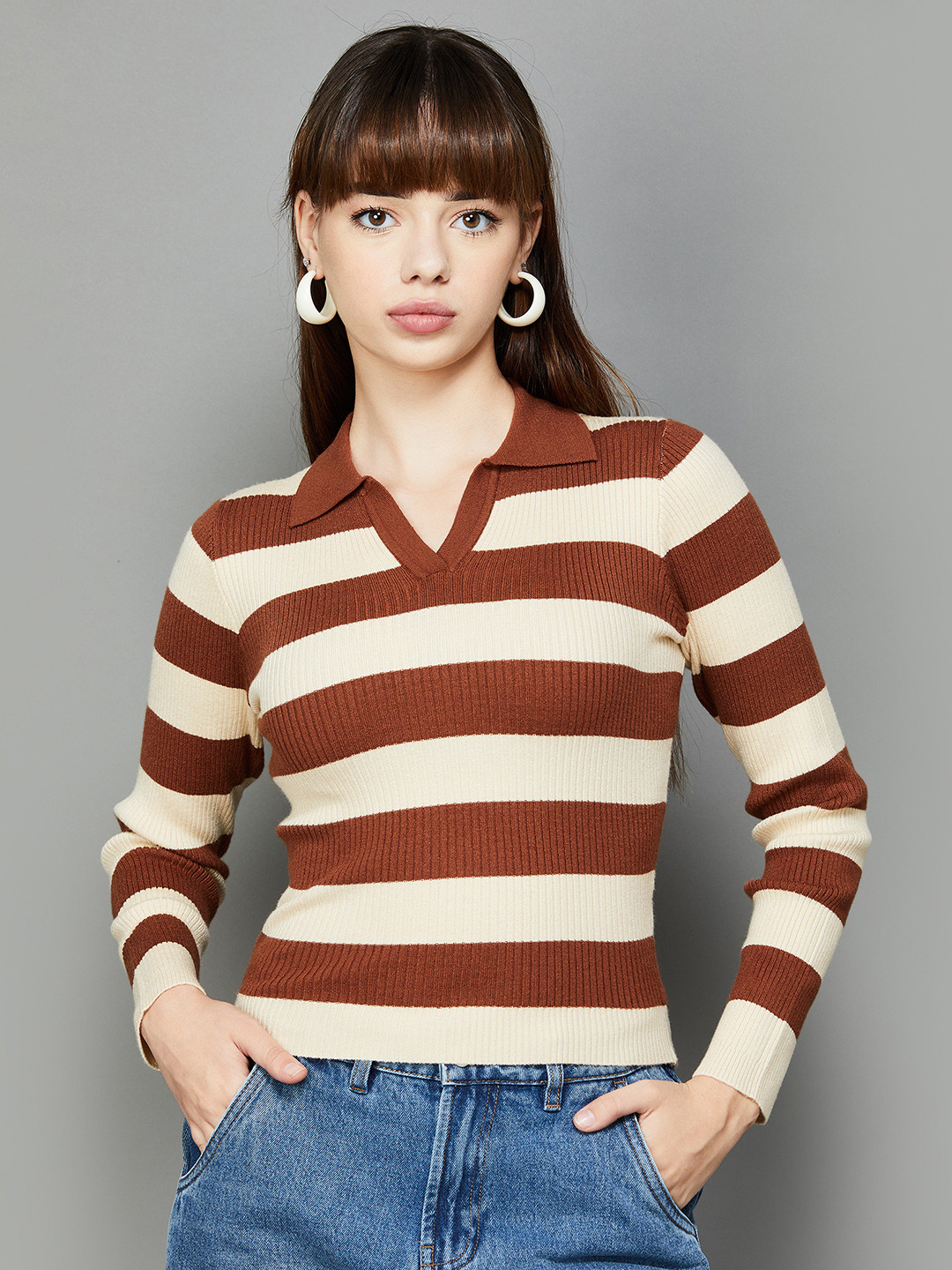 

Ginger by Lifestyle Striped Shirt Colar Acrylic Crop Top, Beige