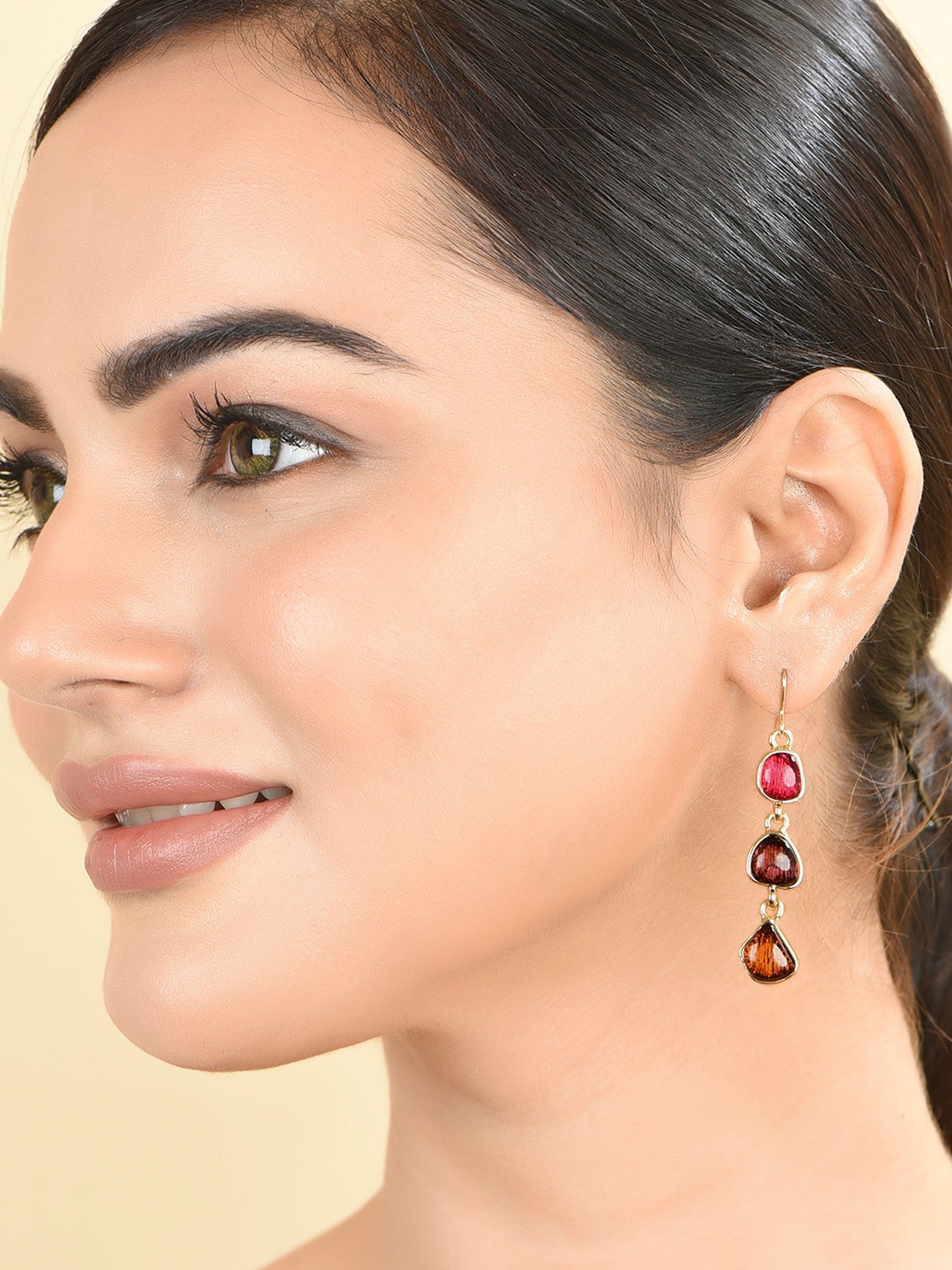 

ToniQ Gold-Plated Stone-Studded Geometric Drop Earrings
