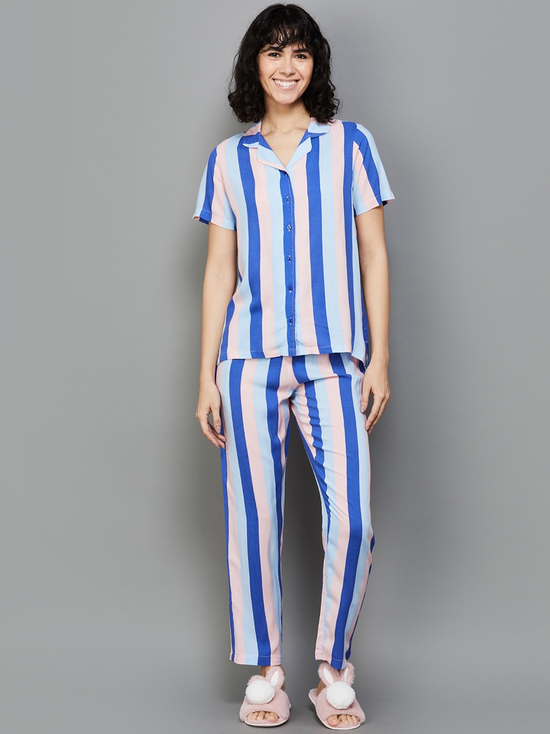

Ginger by Lifestyle Lapel Collar Striped Night suit, Rose