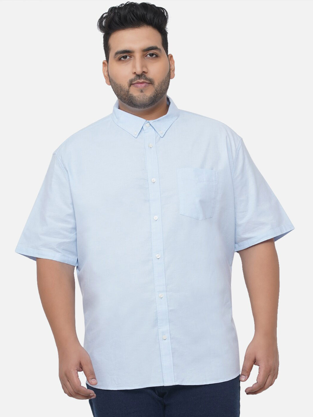 

Santonio Plus Size Classic Spread Collar Short Sleeves Cotton Casual Shirt, Blue