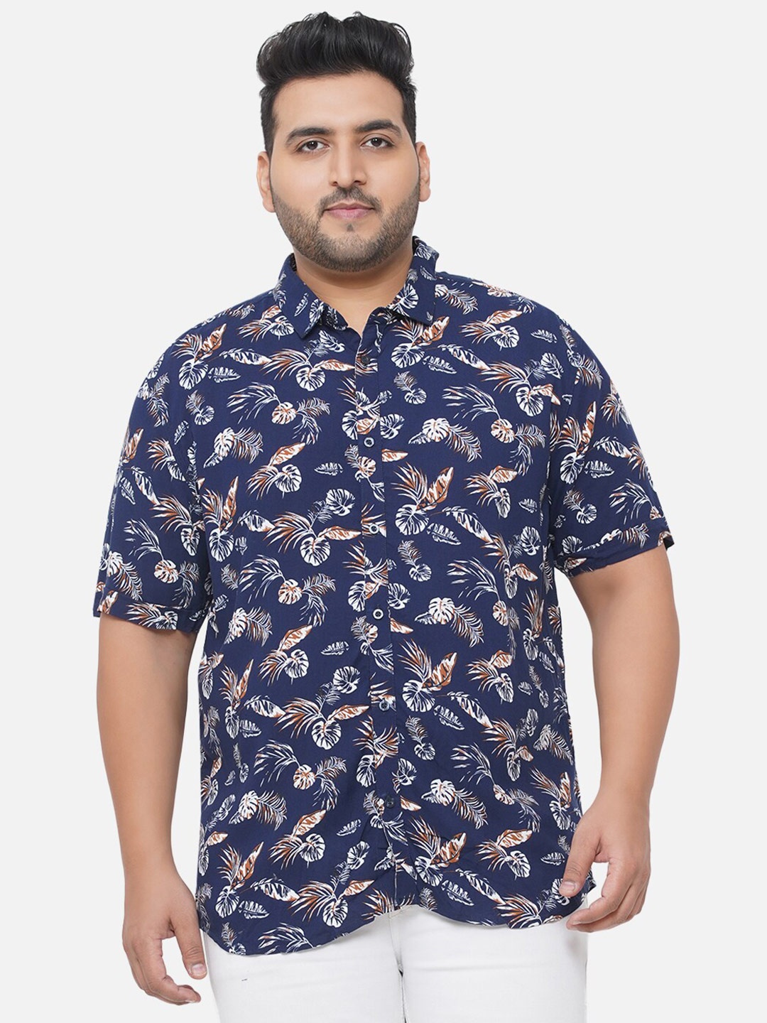 

Santonio Plus Size Classic Floral Printed Opaque Cotton Casual Shirt, Navy blue