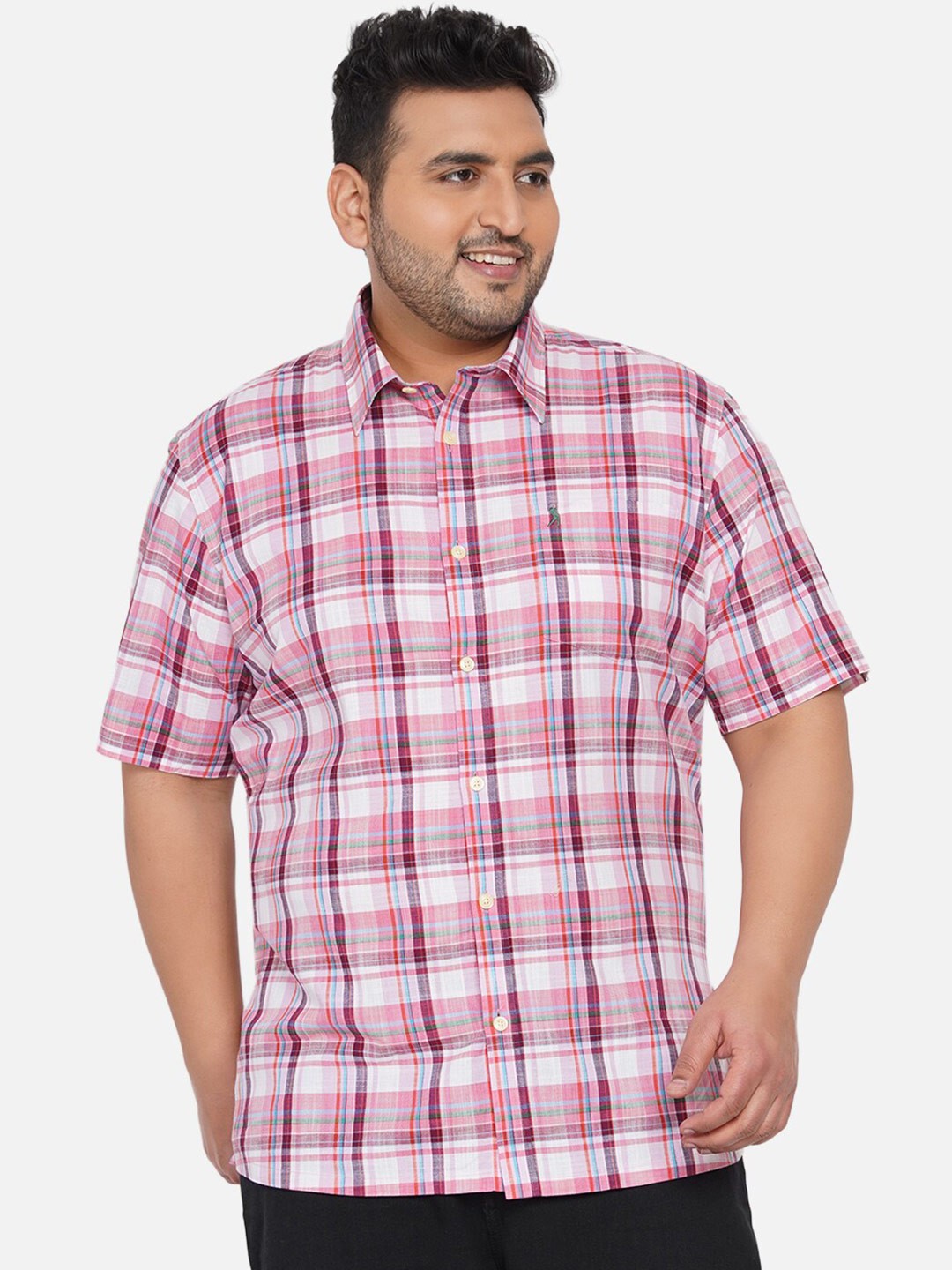 

Santonio Plus Size Classic Tartan Checks Cotton Casual Shirt, Pink