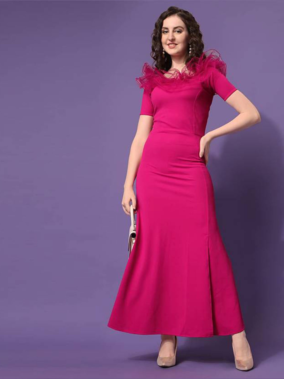 

Ziva Fashion Off Shoulder Ruffled Side Slit Maxi Dress, Magenta