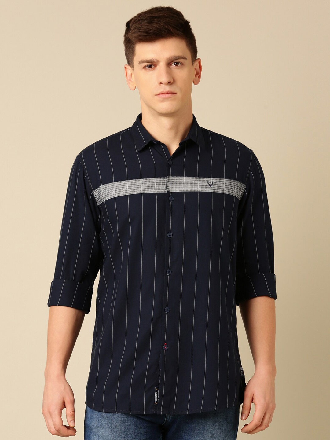 

Allen Solly Opaque Striped Pure Cotton Casual Shirt, Navy blue
