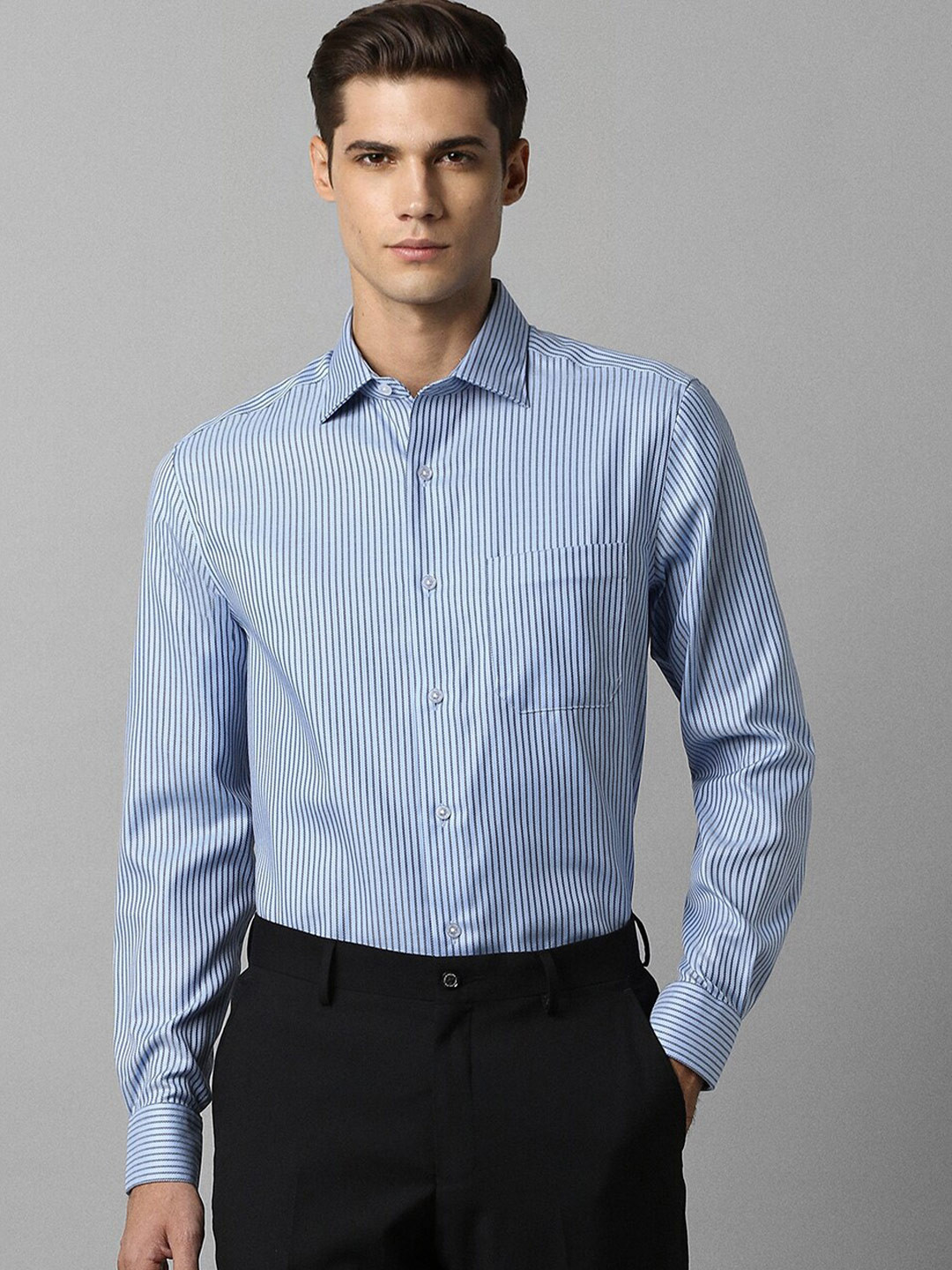 

Louis Philippe Classic Fit Vertical Striped Opaque Pure Cotton Formal Shirt, Blue