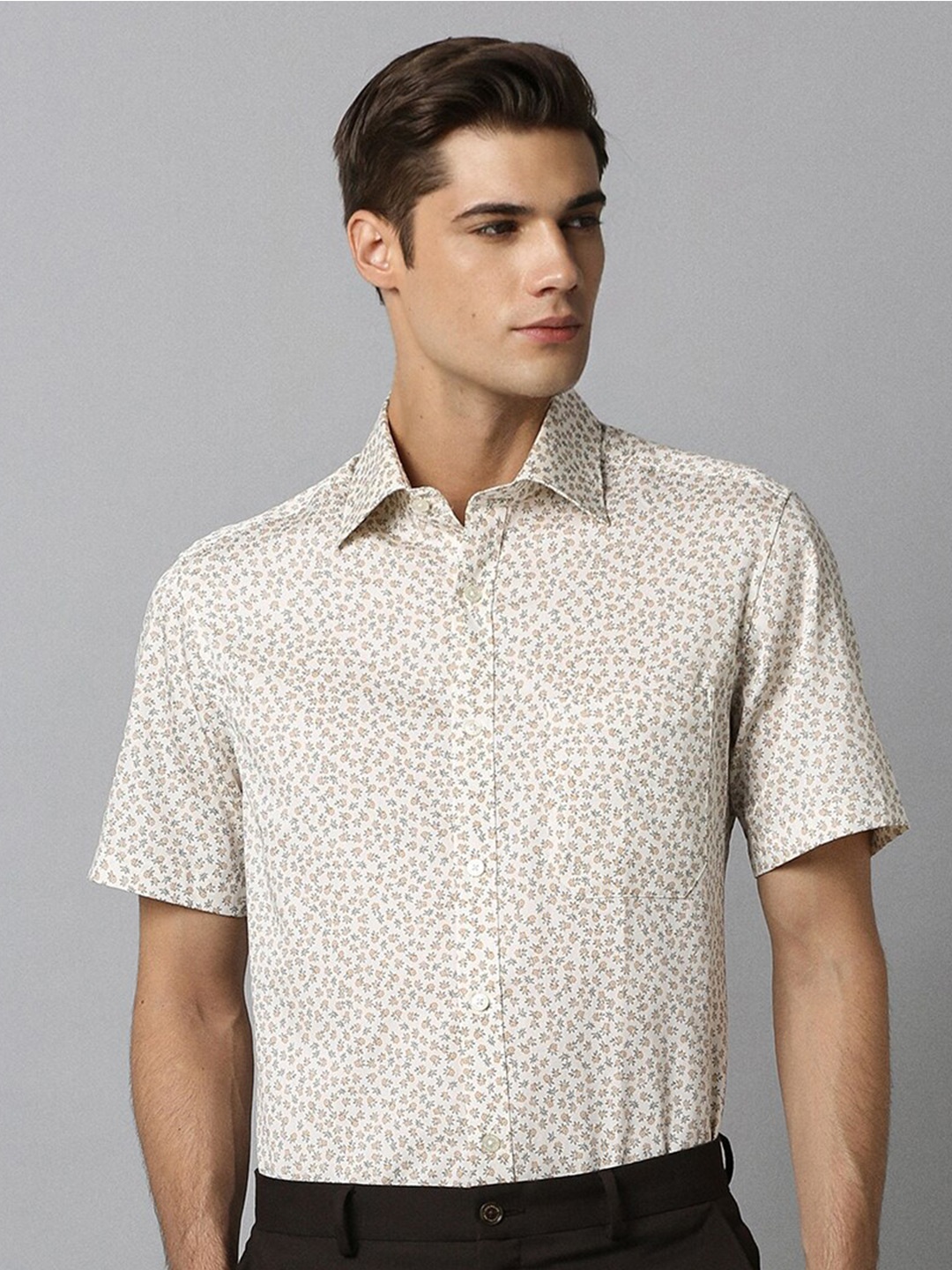 Louis Philippe Classic Fit Micro Ditsy Printed Pure Cotton Formal Shirt, Cream