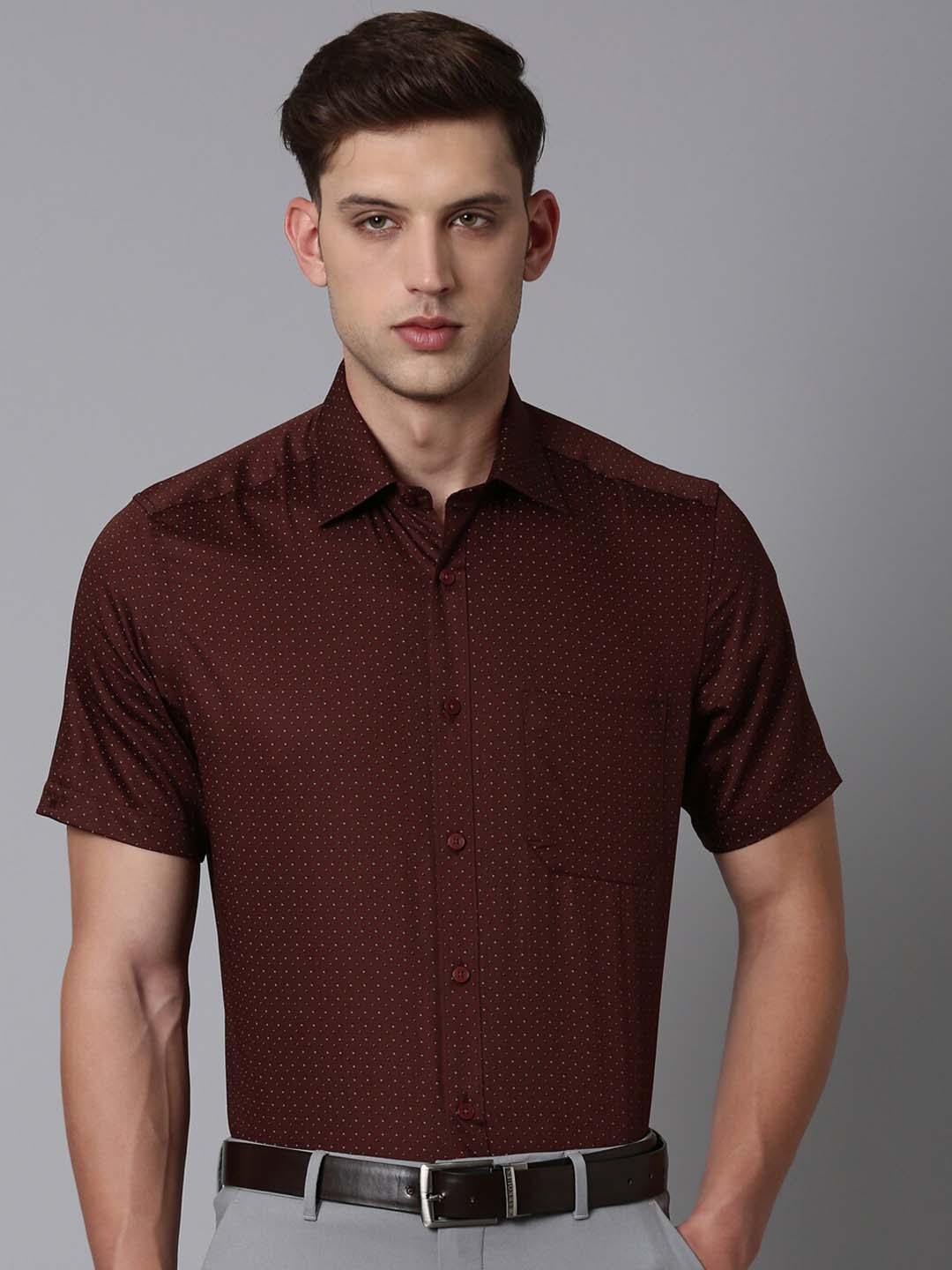 

Louis Philippe Classic Micro Ditsy Printed Pure Cotton Formal Shirt, Maroon