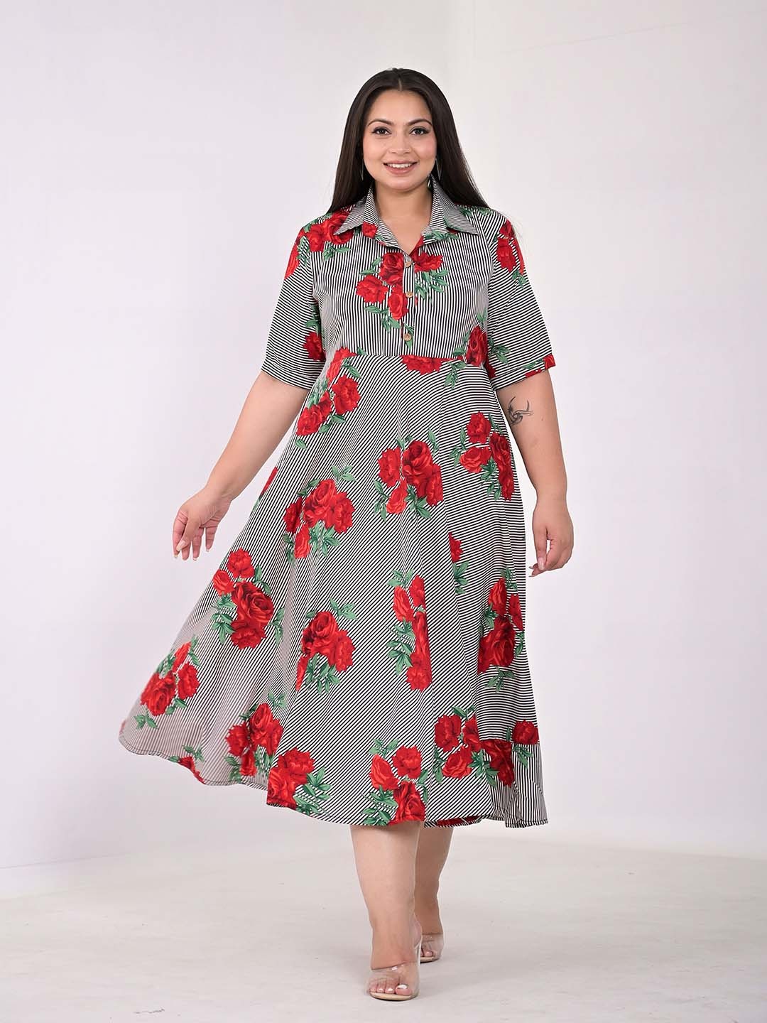 

KALINI Plus Size Floral Printed Shirt Collar Empire Midi Dress, White