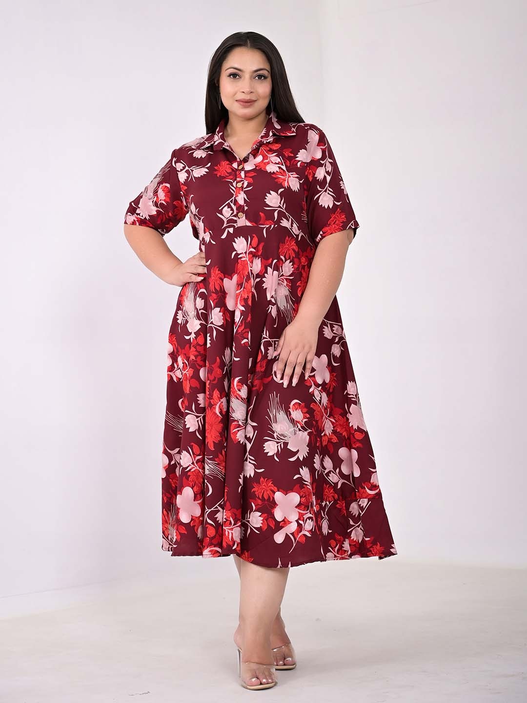 

KALINI Plus Size Floral Printed Gathered Fit & Flare Midi Dress, Maroon