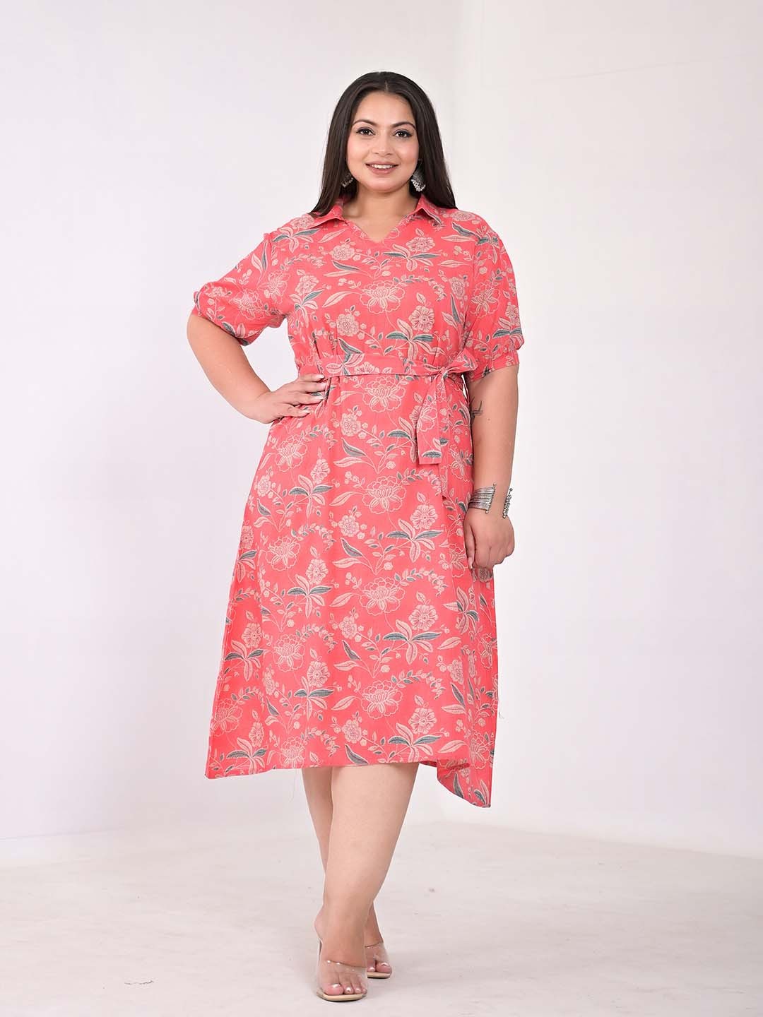 

KALINI Plus Size Floral Printed A-Line Midi Dress, Peach