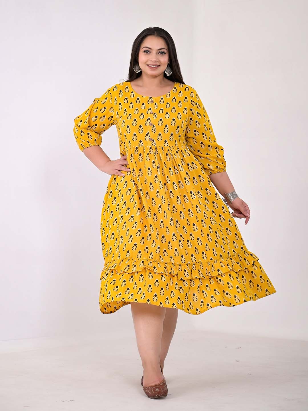 

KALINI Plus Size Ethnic Motifs Printed Puff Sleeve Fit & Flare Dress, Yellow