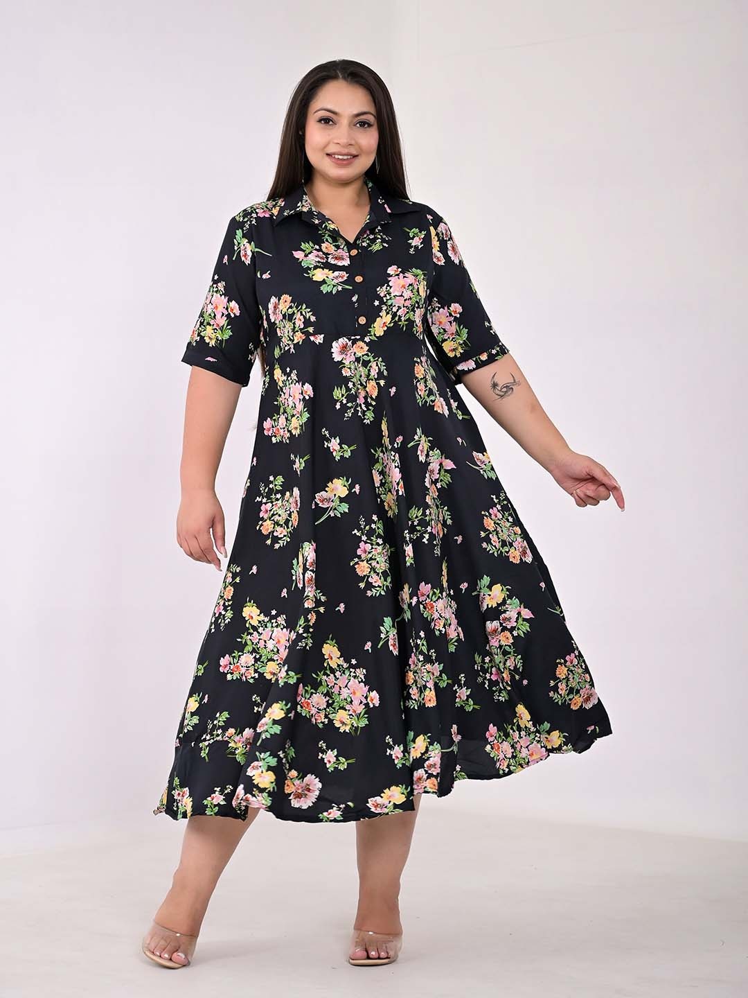 

KALINI Plus Size Floral Printed Crepe Fit & Flare Midi Dress, Black