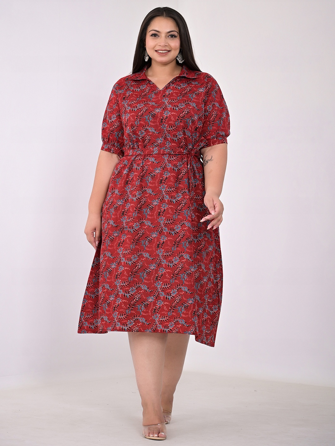 

KALINI Plus Size Floral Printed Shirt Collar A-Line Midi Dress, Maroon