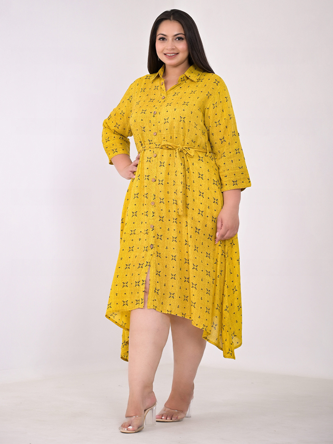 

KALINI Plus Size Floral Printed Shirt Collar A-Line Midi Dress, Yellow