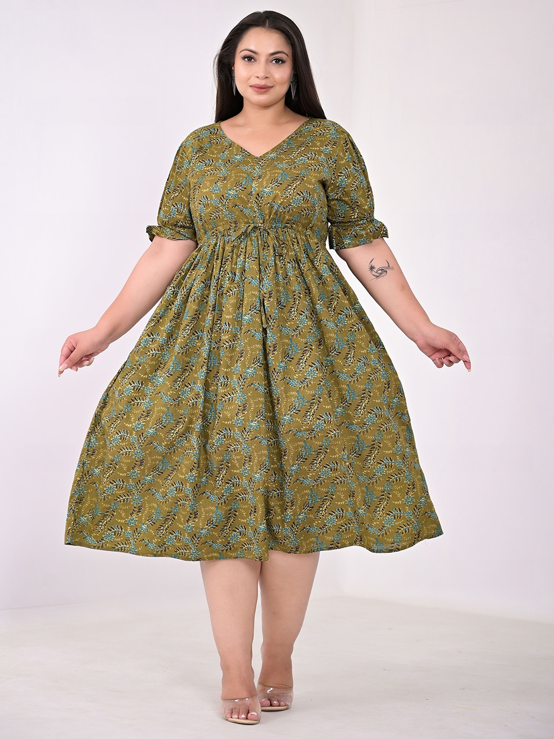 

KALINI Plus Size Floral Printed Bell Sleeves Cotton Fit & Flare Midi Dress, Green