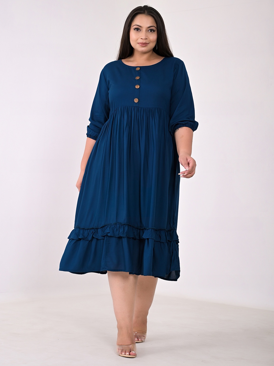 

KALINI Plus Size Round Neck Gathered A-Line Midi Dress, Navy blue